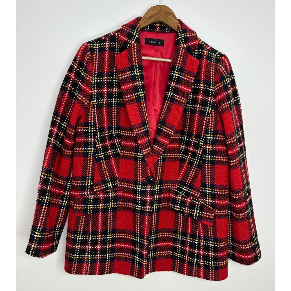 Talbots Snowstorm Plaid Blazer Red Tweed Wool Blend Flap Pockets Tartan Preppy - Picture 9 of 12
